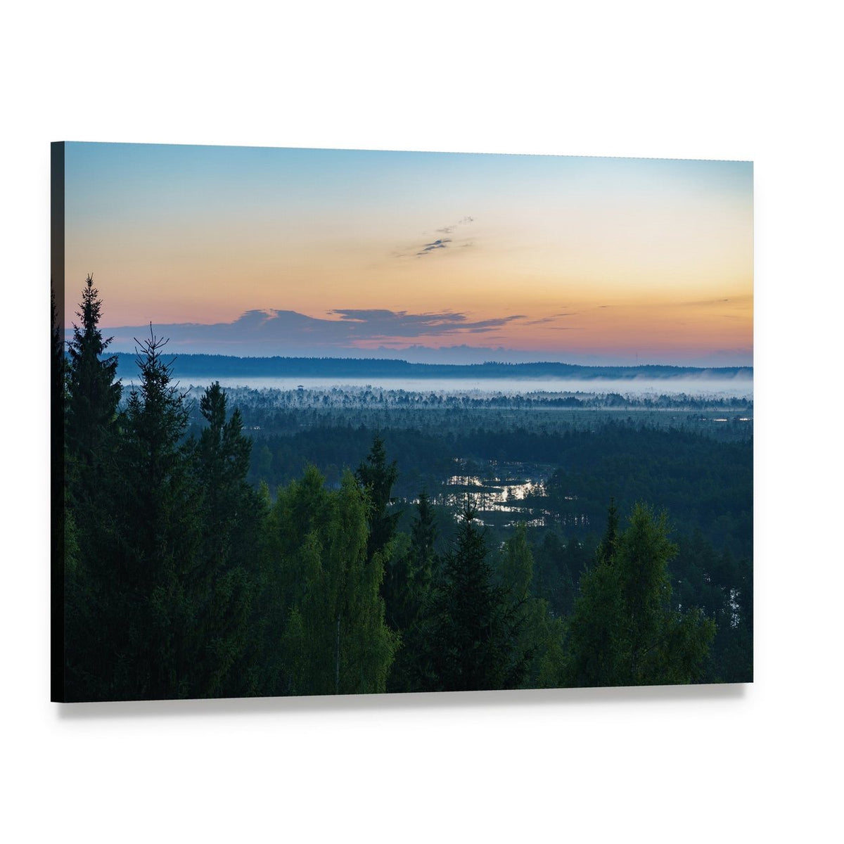 Konnu Suursoo Bog Misty Sunset Canvas Wall Art, single panel gallery wrapped canvas, angled product view