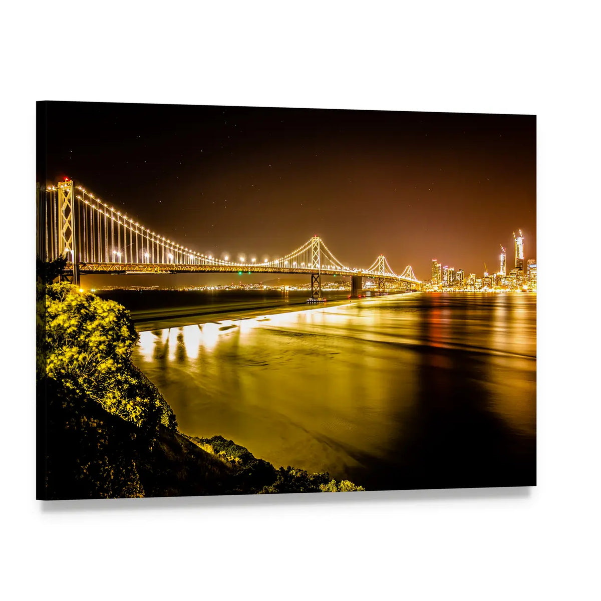 Oakland Bay Bridge at Night Canvas Wall Art, single panel gallery wrapped canvas, angled product view