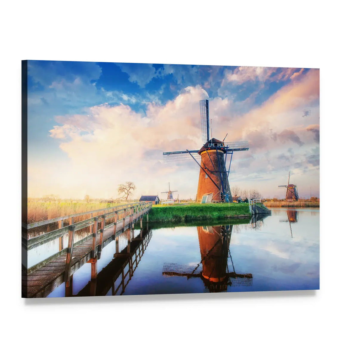 Dutch Windmills at Sunset Canvas Wall Art, single panel gallery wrapped canvas, angled product view