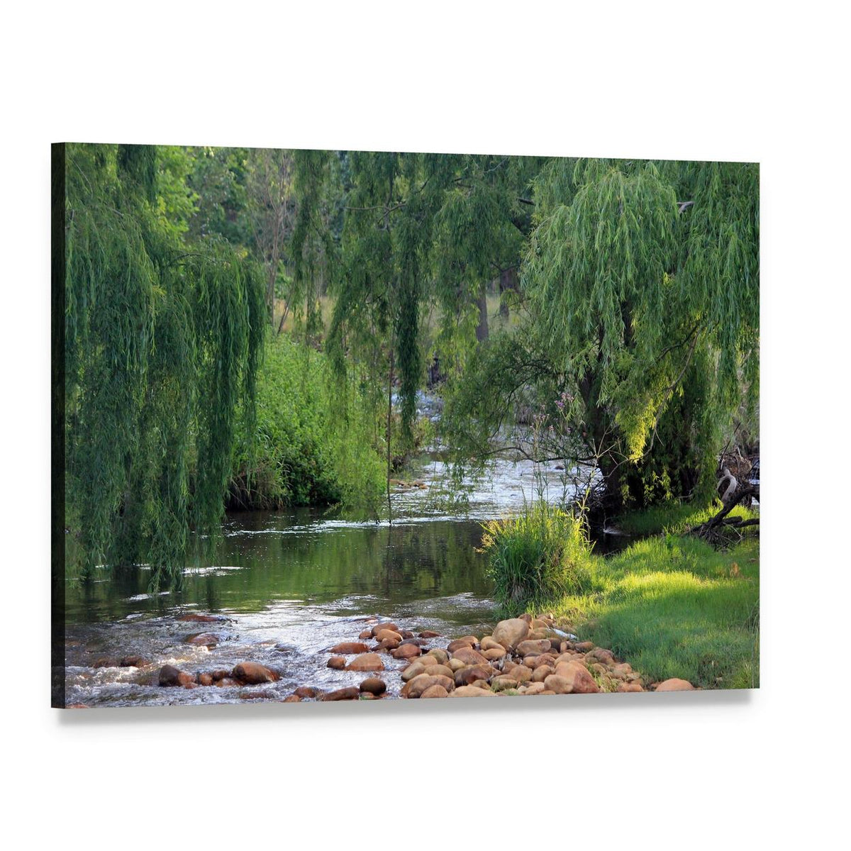 River Flowing Past Willow Trees Canvas Wall Art, single panel gallery wrapped canvas, angled product view