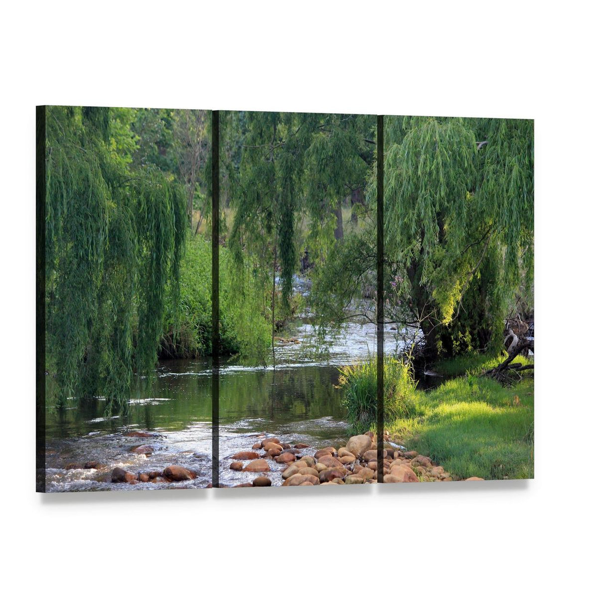 River Flowing Past Willow Trees Canvas Wall Art, 3 panel 3 Horizontal layout gallery wrapped canvas set, angled product view