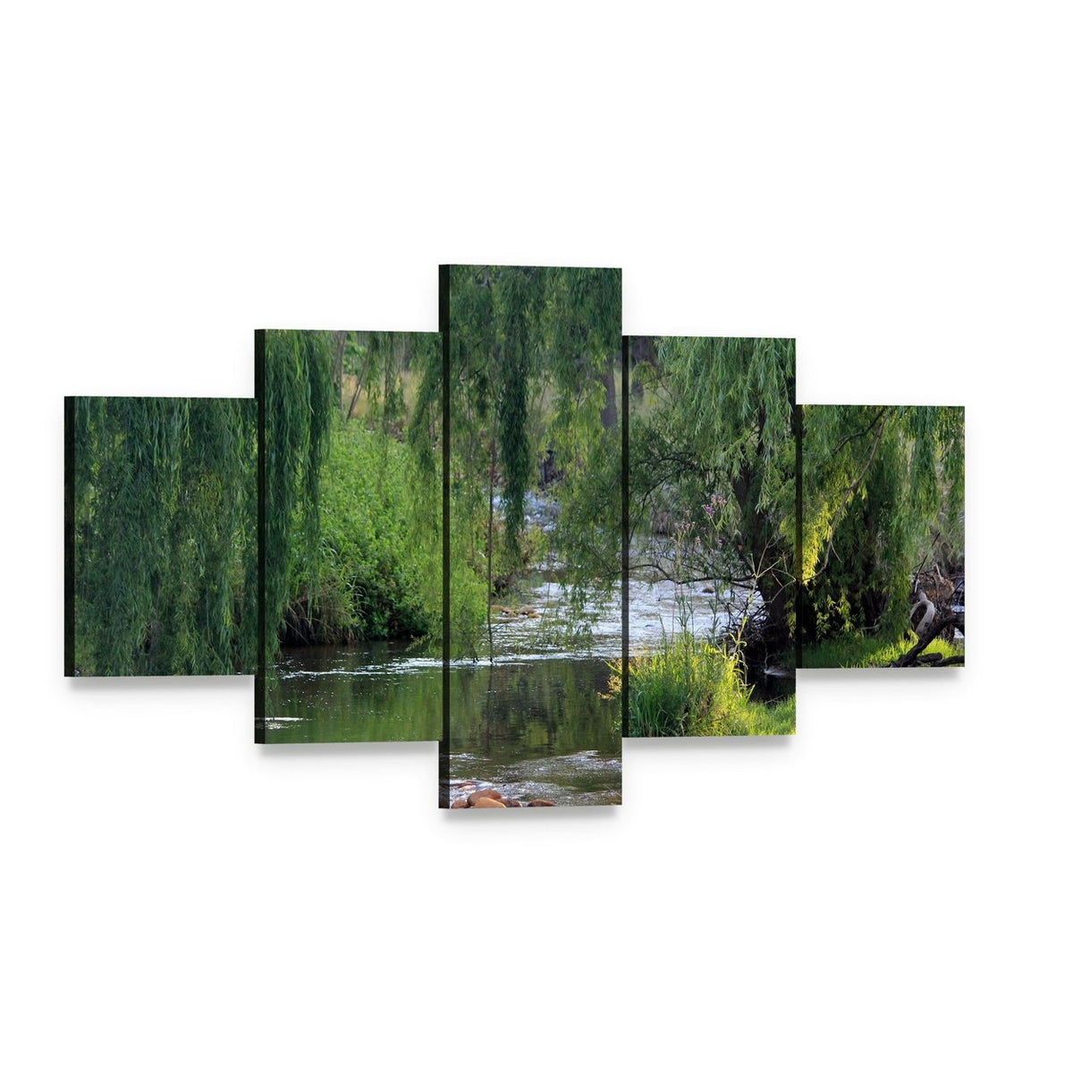 River Flowing Past Willow Trees Canvas Wall Art, 5 panel 5 Star layout gallery wrapped canvas set, angled product view