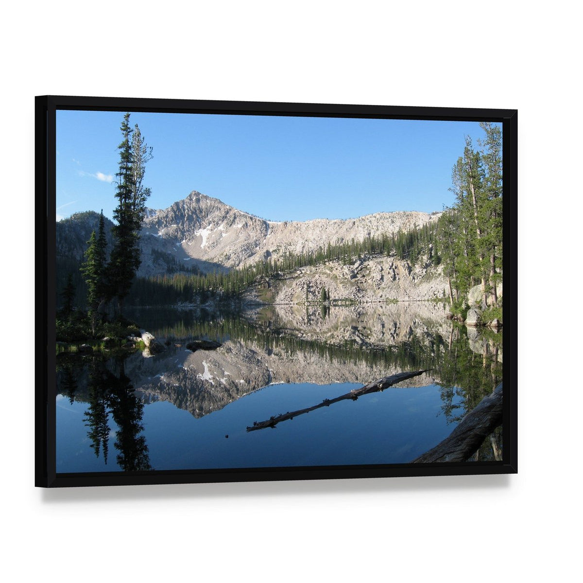 Edna Lake Reflection Canvas Wall Art, framed canvas in a black floater frame, angled product view