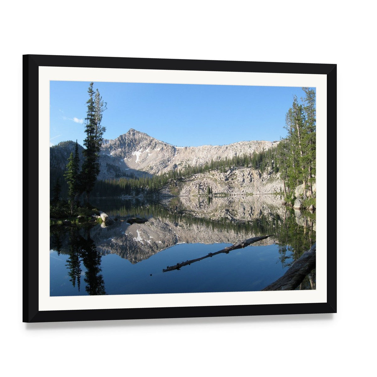 Edna Lake Reflection Canvas Wall Art, framed print with white mat and black frame, angled product view