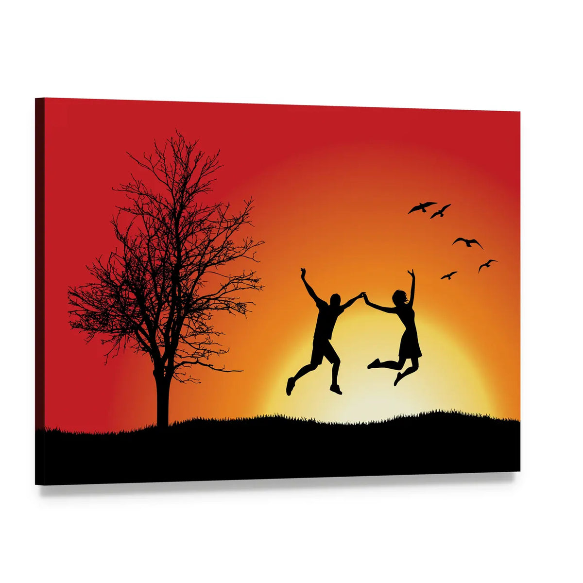 Silhouetted Couple Jumping at Sunset Canvas Wall Art, single panel gallery wrapped canvas, angled product view