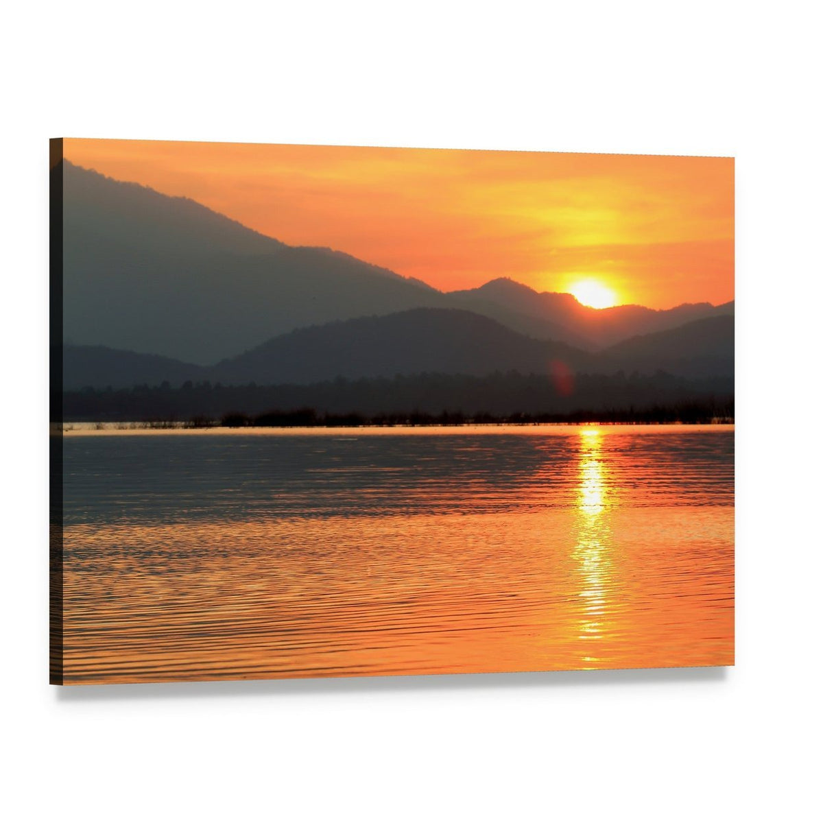 Sunset Over Mountain Lake Canvas Wall Art, single panel gallery wrapped canvas, angled product view