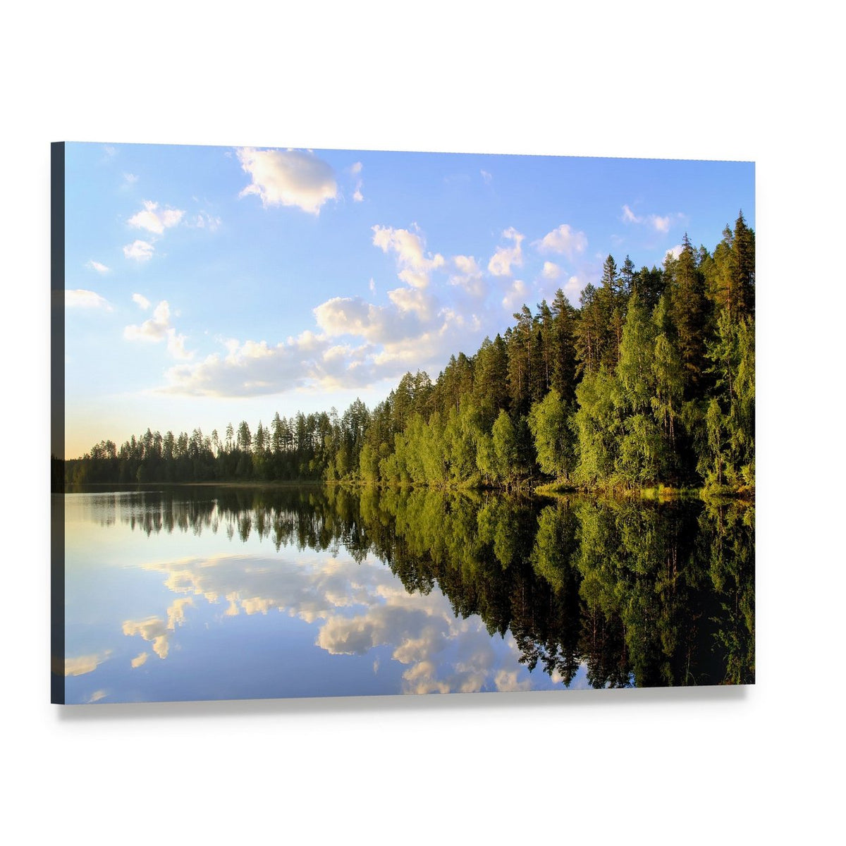 Lake Reflection with Forest and Cumulus Clouds Canvas Wall Art, single panel gallery wrapped canvas, angled product view