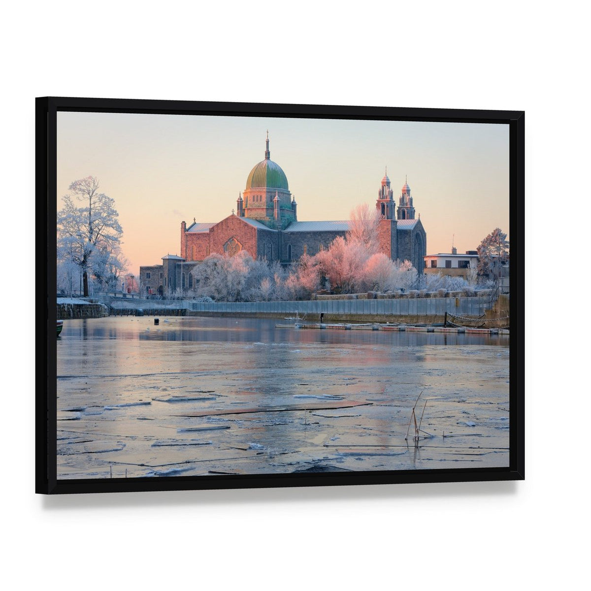 Galway Cathedral in Winter Canvas Wall Art, framed canvas in a black floater frame, angled product view