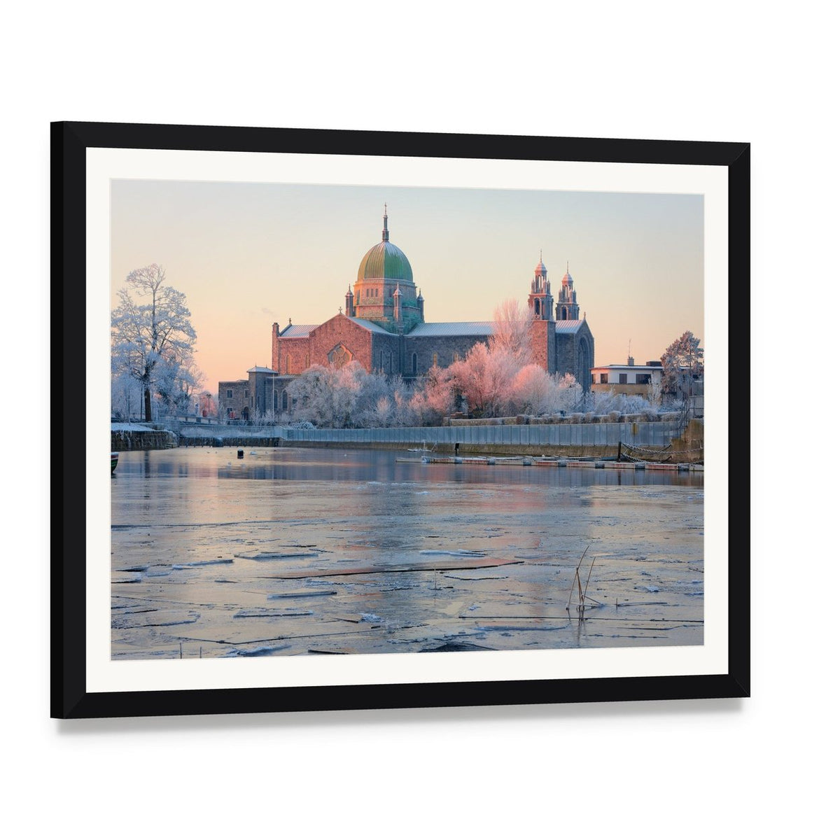 Galway Cathedral in Winter Canvas Wall Art, framed print with white mat and black frame, angled product view