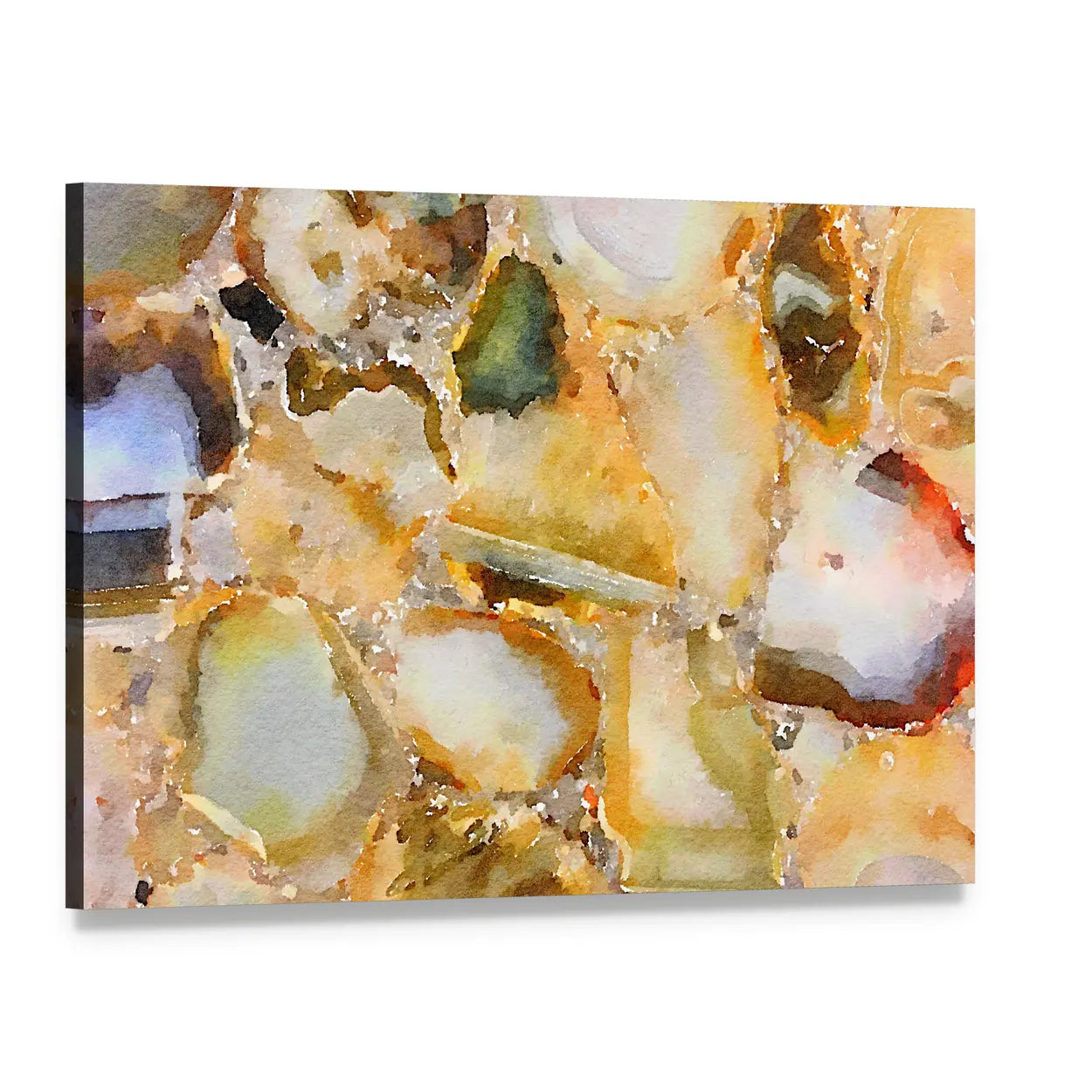 Watercolor Agate Gemstone Mosaic Canvas Wall Art, single panel gallery wrapped canvas, angled product view