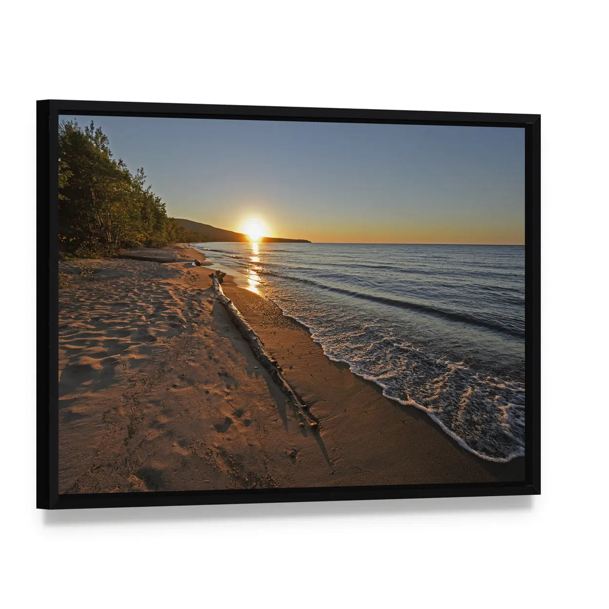 Lake Superior at Sunset Canvas Wall Art, framed canvas in a black floater frame, angled product view