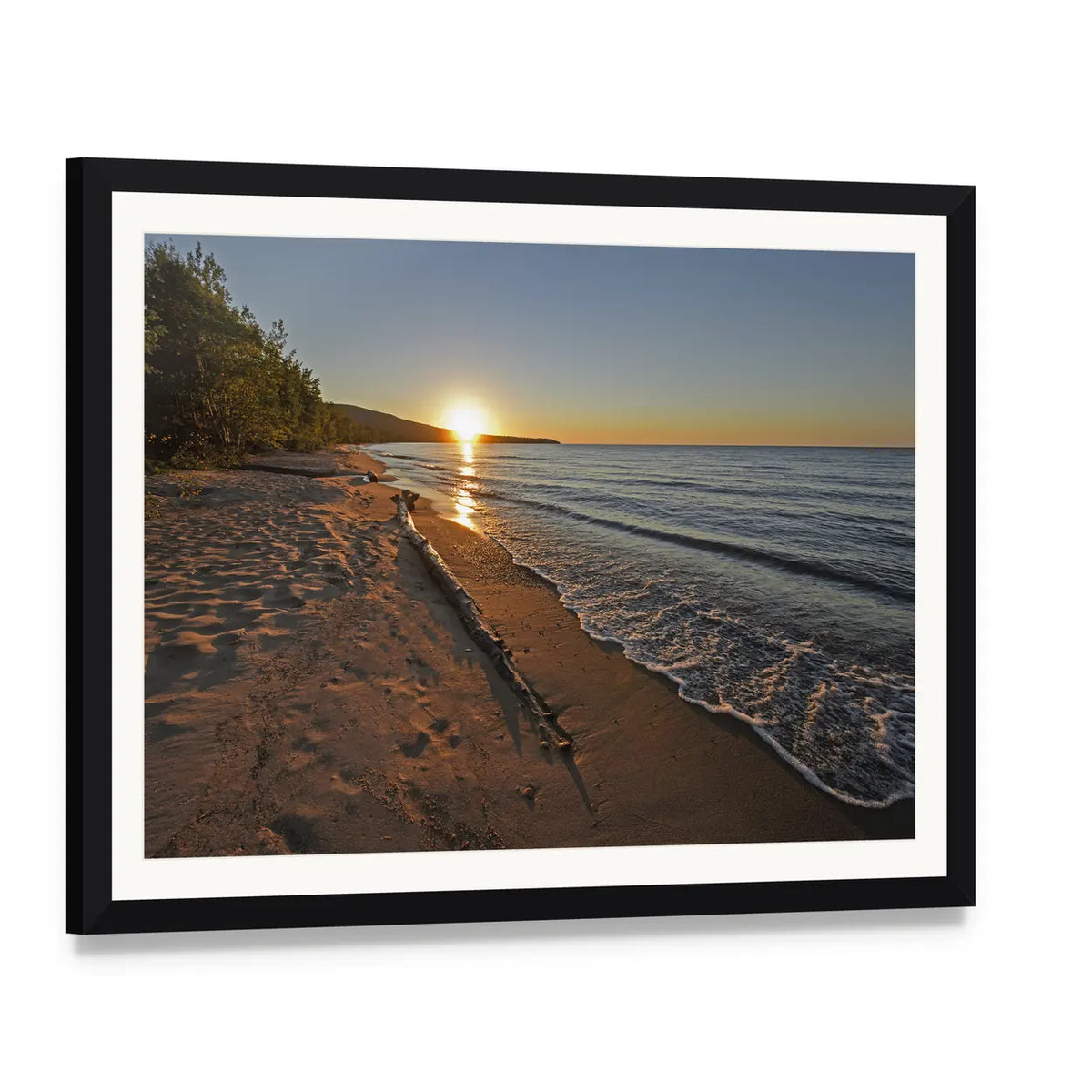 Lake Superior at Sunset Canvas Wall Art, framed print with white mat and black frame, angled product view