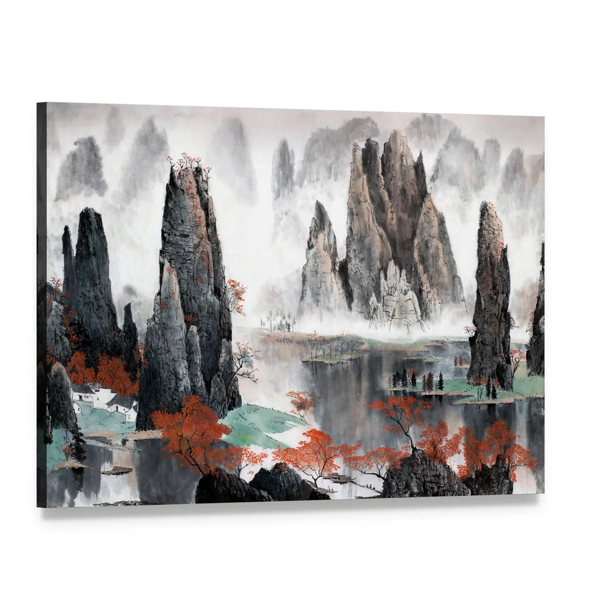 Misty Chinese Mountains with Red Autumn Trees Canvas Wall Art, single panel gallery wrapped canvas, angled product view