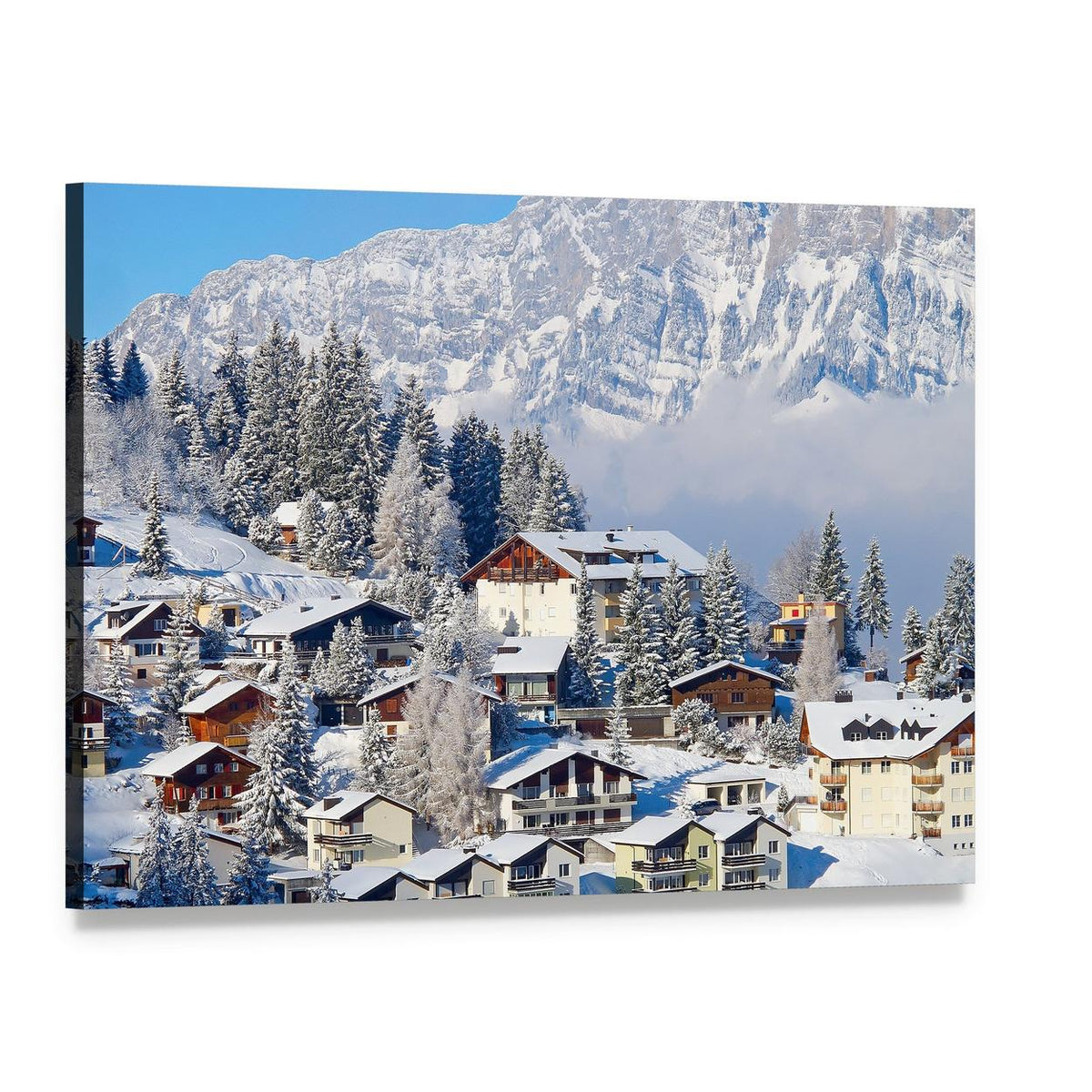 Winter Holiday Houses in Swiss Alps Canvas Wall Art, single panel gallery wrapped canvas, angled product view