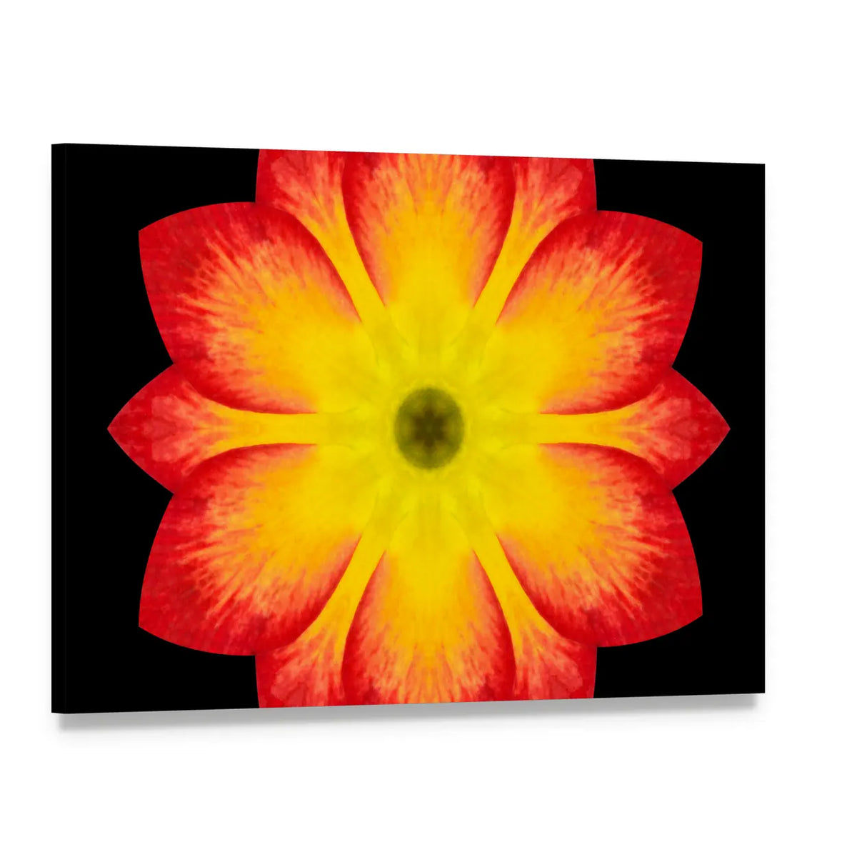 Red And Yellow Flower Mandala Canvas Wall Art, single panel gallery wrapped canvas, angled product view