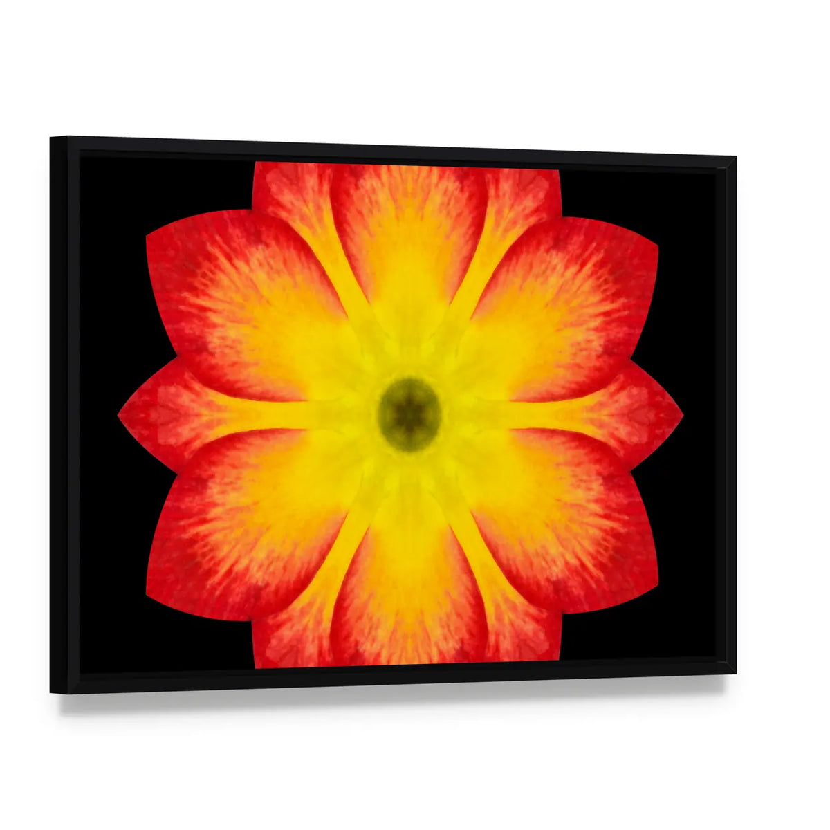 Red And Yellow Flower Mandala Canvas Wall Art, framed canvas in a black floater frame, angled product view