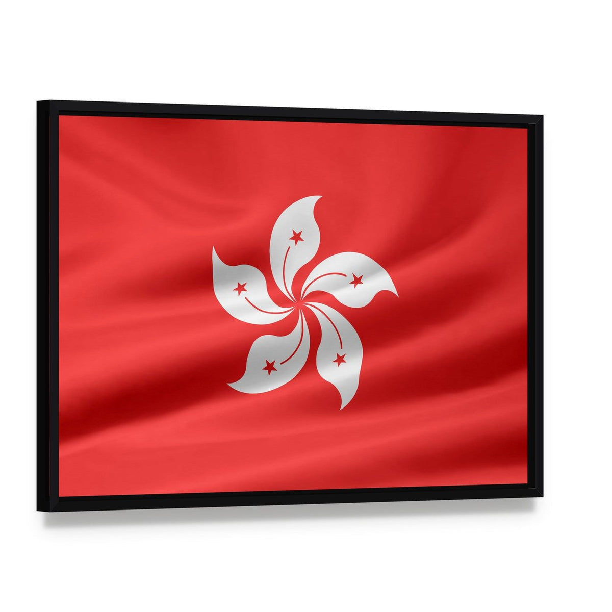 Hong Kong Flag with Stylized Lotus and Stars Canvas Wall Art, framed canvas in a black floater frame, angled product view