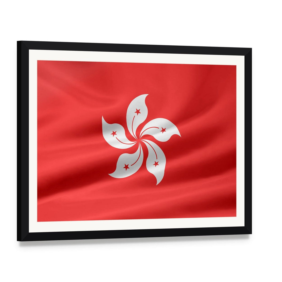 Hong Kong Flag with Stylized Lotus and Stars Canvas Wall Art, framed print with white mat and black frame, angled product view