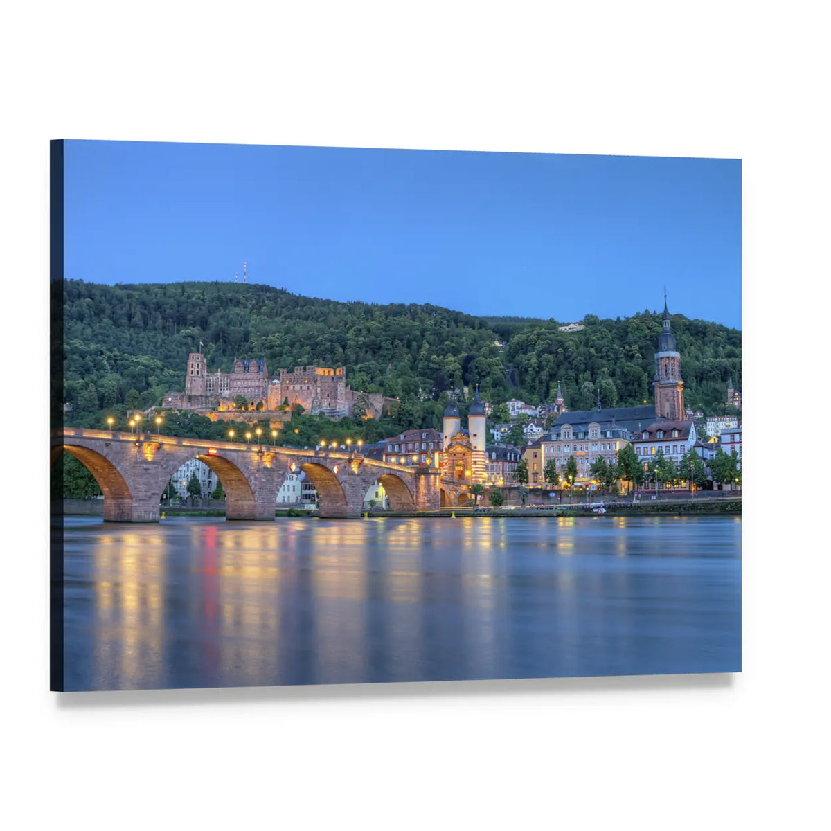 Illuminated Castle and Stone Arch Bridge Canvas Wall Art, single panel gallery wrapped canvas, angled product view