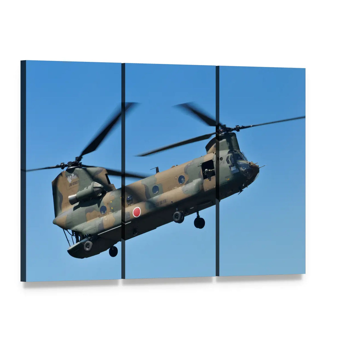 Chinook Helicopter in Flight Canvas Wall Art, 3 panel 3 Horizontal layout gallery wrapped canvas set, angled product view
