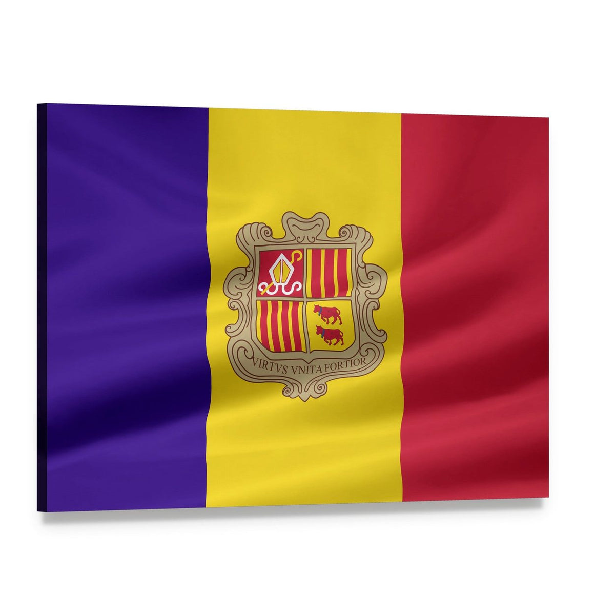 Andorra Flag with Coat of Arms Canvas Wall Art, single panel gallery wrapped canvas, angled product view