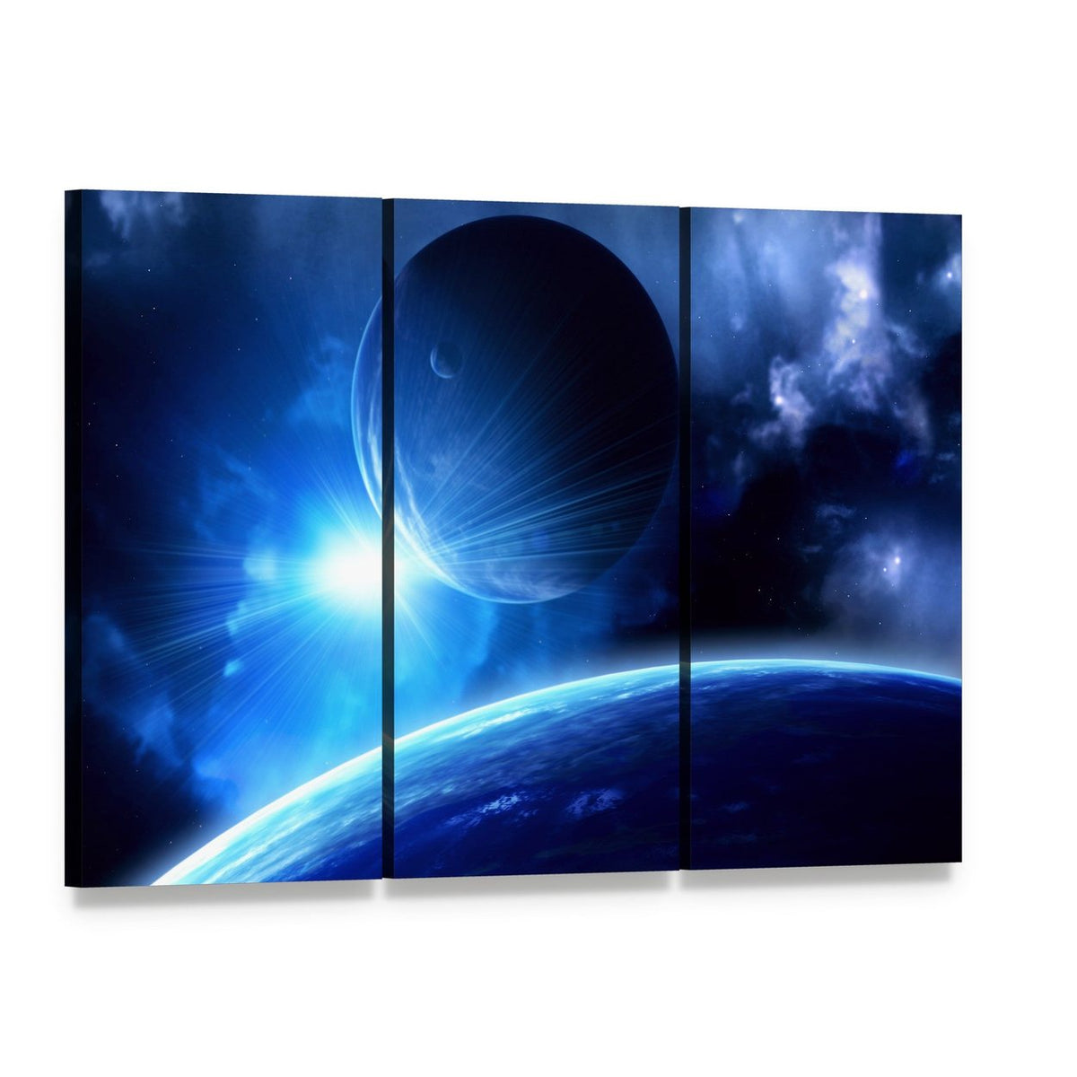 Planets and Nebula Canvas Wall Art, 3 panel 3 Horizontal layout gallery wrapped canvas set, angled product view