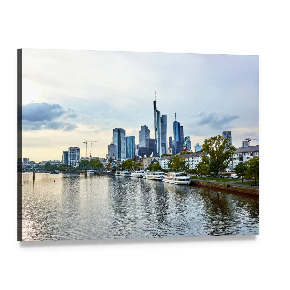 Urban River Skyline with Docked Boats Canvas Wall Art, single panel gallery wrapped canvas, angled product view