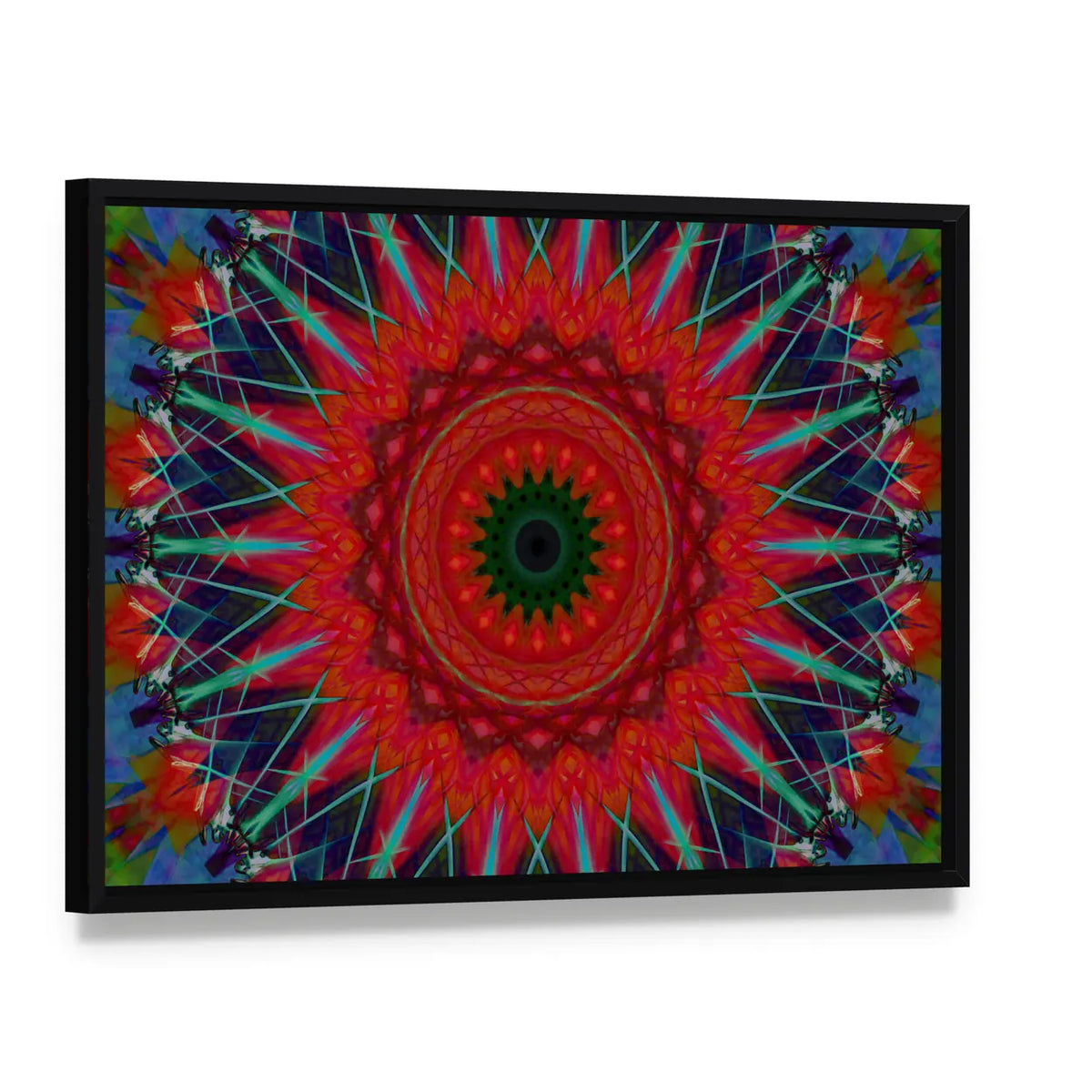 Lotus Blossom Mandala Canvas Wall Art, framed canvas in a black floater frame, angled product view