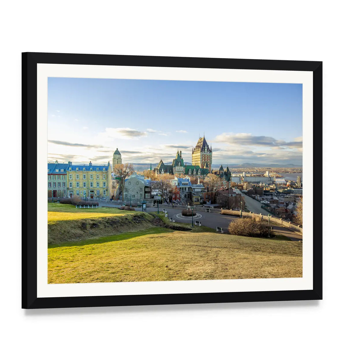 Quebec Cityscape with Rolling Hills Canvas Wall Art, framed print with white mat and black frame, angled product view