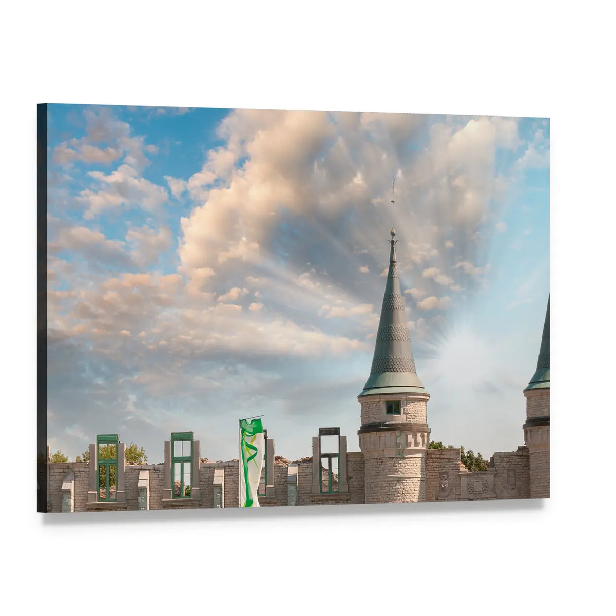Quebec City Castle Towers with Sun Rays Canvas Wall Art, single panel gallery wrapped canvas, angled product view