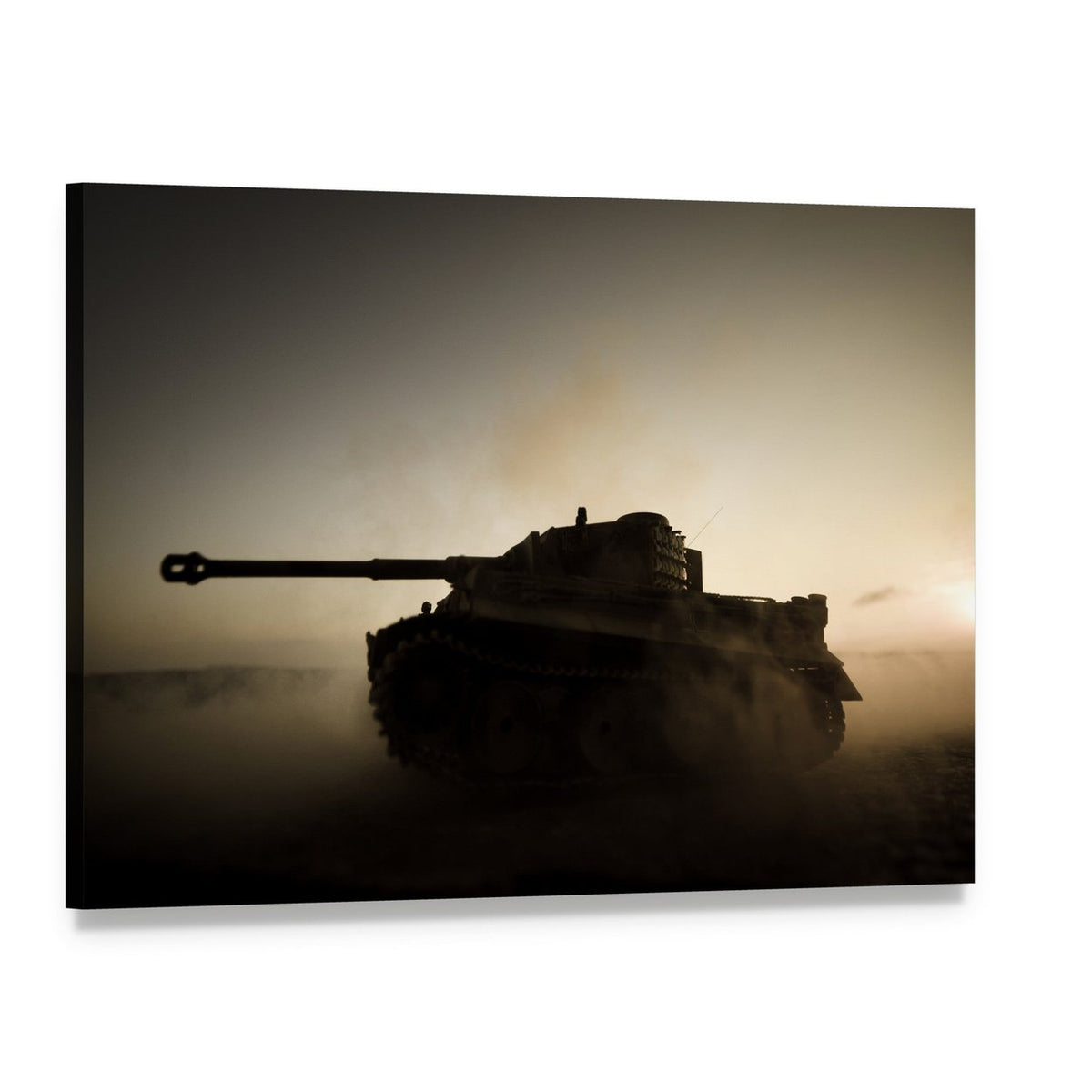 Single Military Tank in Dust Canvas Wall Art, single panel gallery wrapped canvas, angled product view