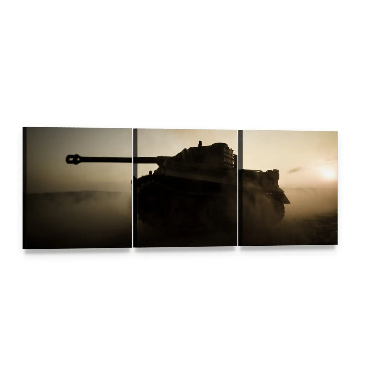 Tiger I Tank Silhouette at Sunset Panoramic Canvas Wall Art, 3 panel 3 Piece layout gallery wrapped canvas set, angled product view