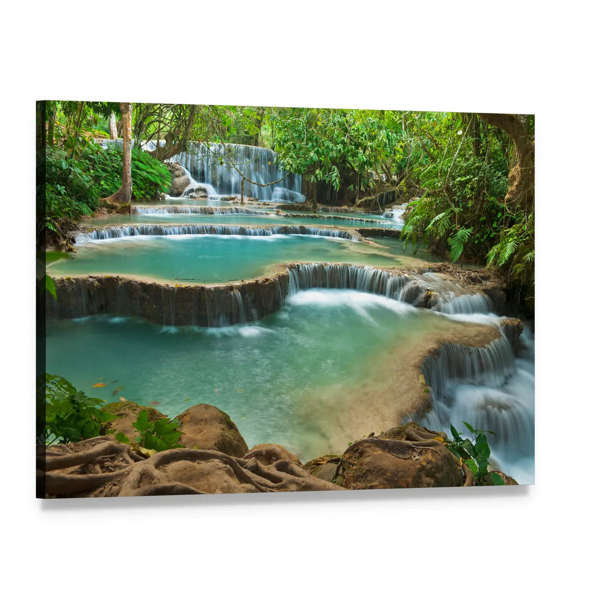 Kuang Si Waterfall Canvas Wall Art, single panel gallery wrapped canvas, angled product view