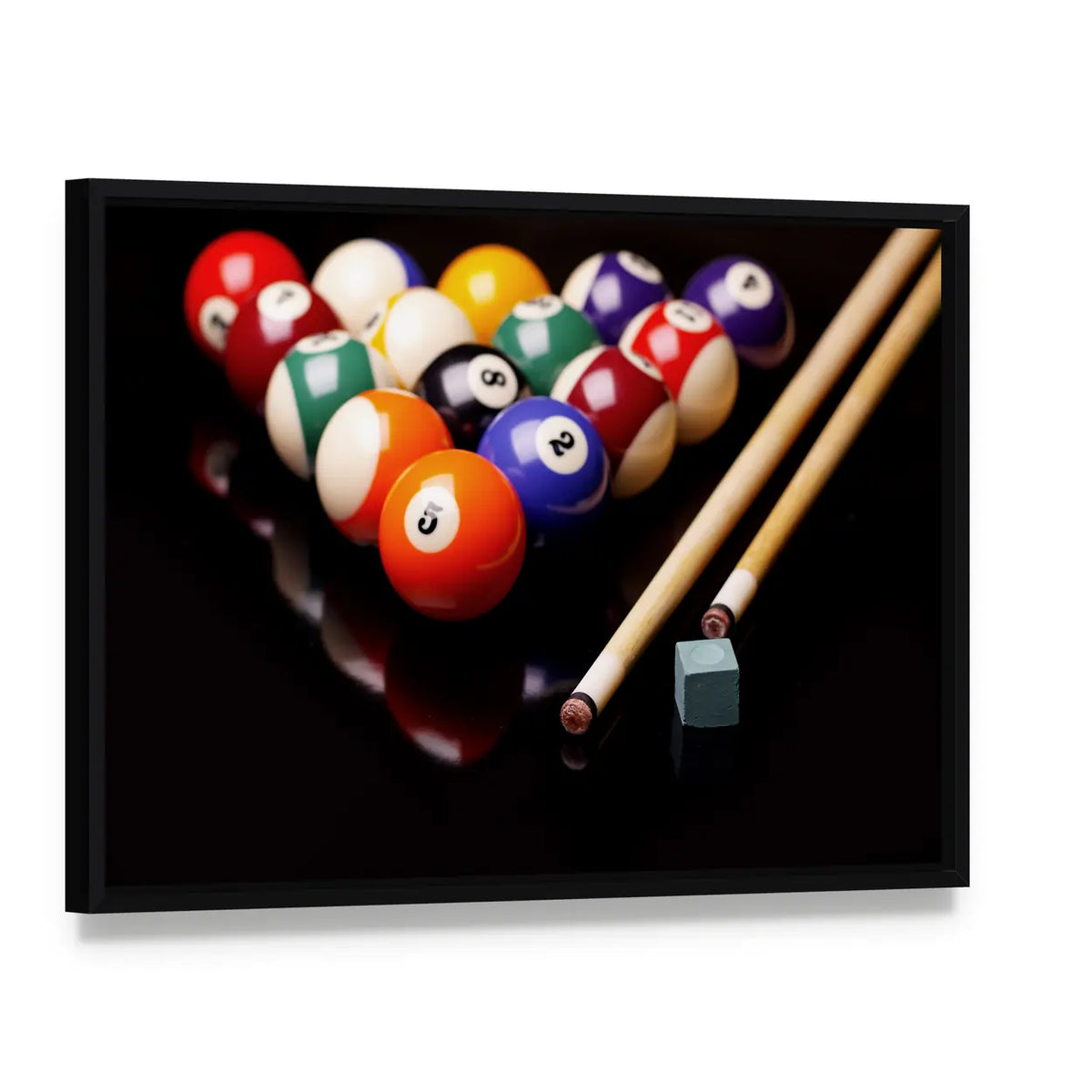 Snooker Balls, Cues, and Chalk Canvas Wall Art, framed canvas in a black floater frame, angled product view