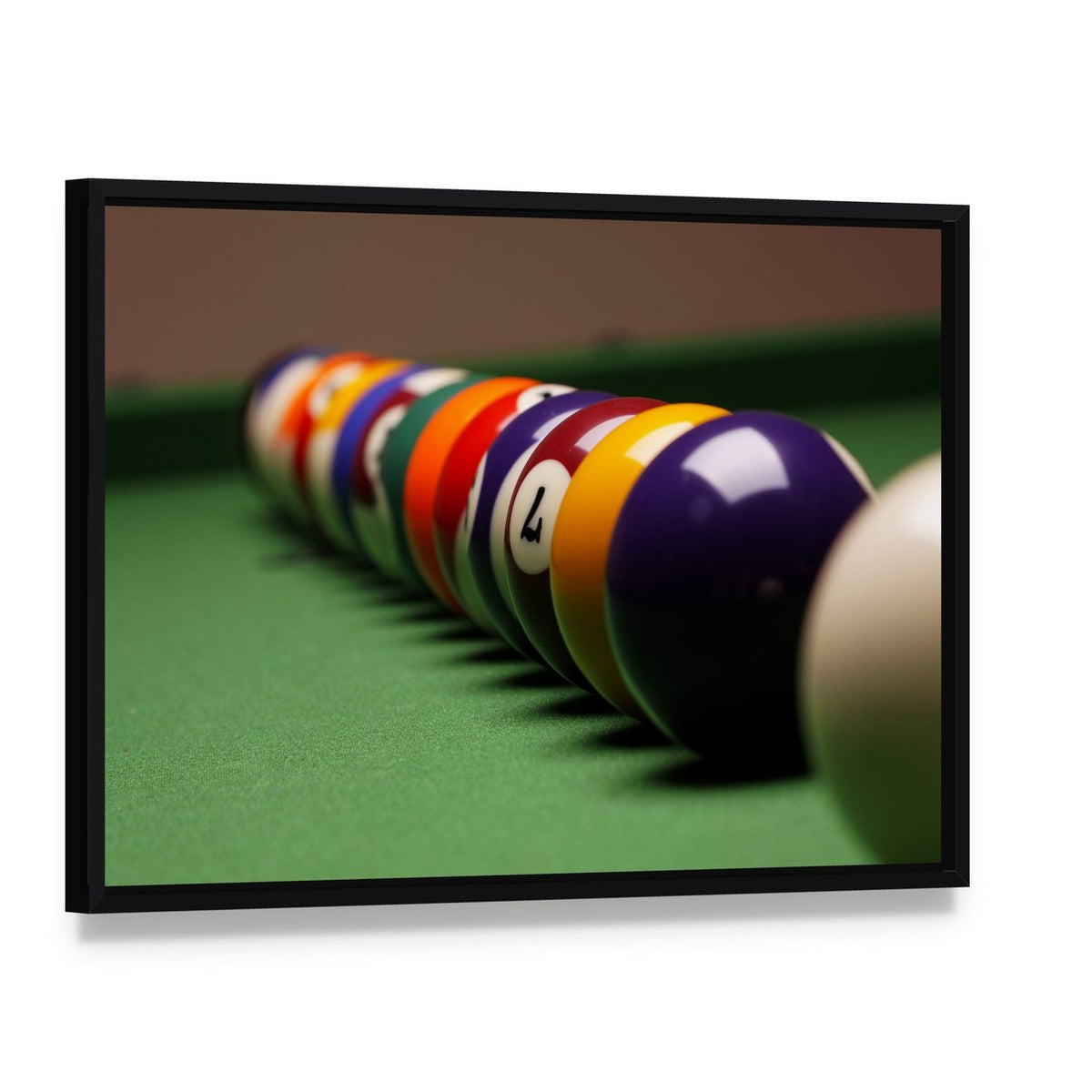 Billiard Balls in a Row Canvas Wall Art, framed canvas in a black floater frame, angled product view