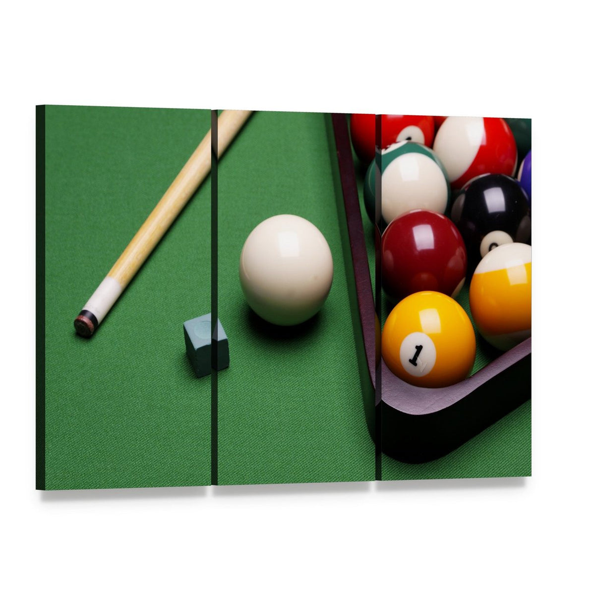 Billiard Equipment Canvas Wall Art, 3 panel 3 Horizontal layout gallery wrapped canvas set, angled product view