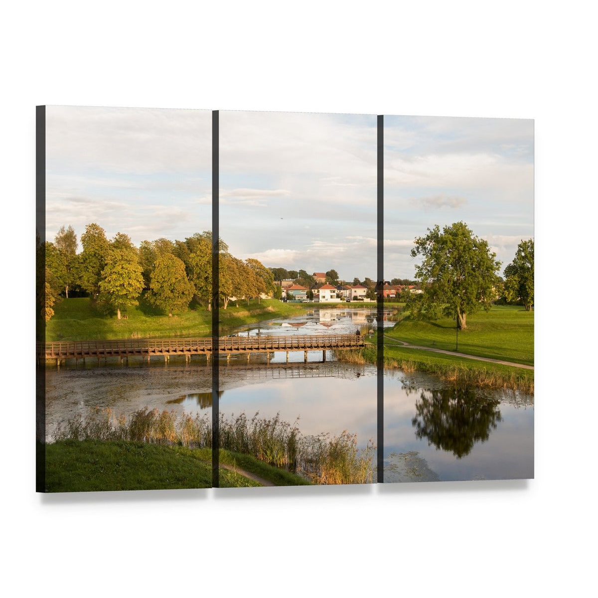 Old City Bridge in Norway Canvas Wall Art, 3 panel 3 Horizontal layout gallery wrapped canvas set, angled product view
