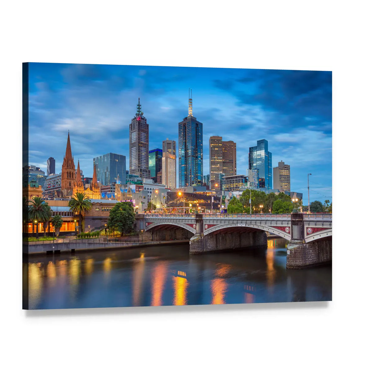Melbourne Blue Hour Skyline at Twilight Canvas Wall Art, single panel gallery wrapped canvas, angled product view