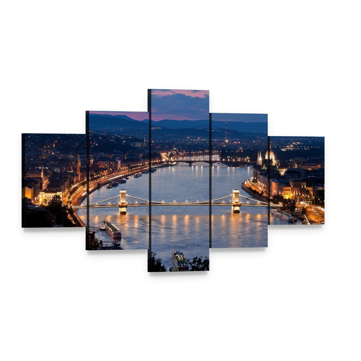 Budapest City Skyline at Night Canvas Wall Art, 5 panel 5 Star layout gallery wrapped canvas set, angled product view