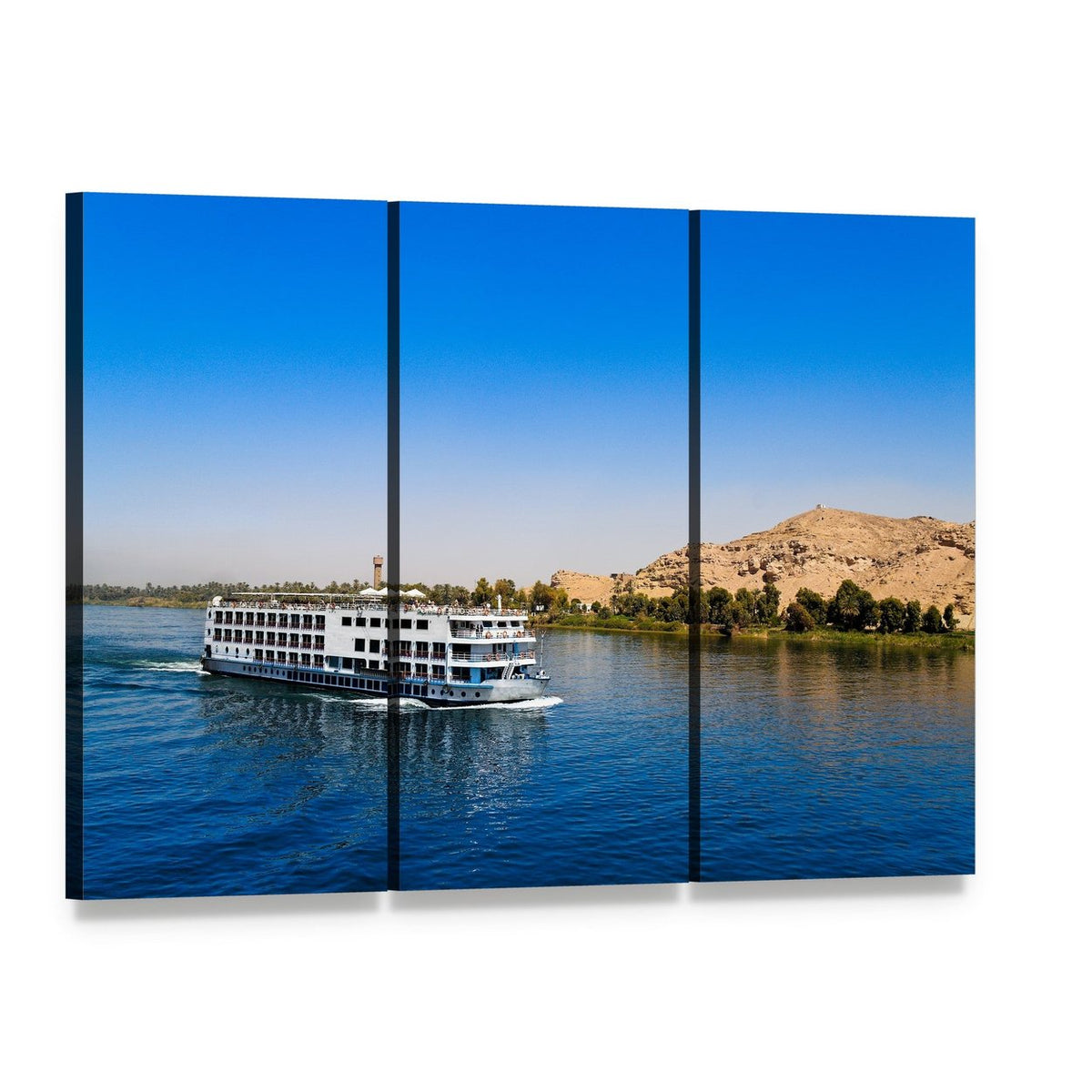 River Cruise on the Nile Canvas Wall Art, 3 panel 3 Horizontal layout gallery wrapped canvas set, angled product view