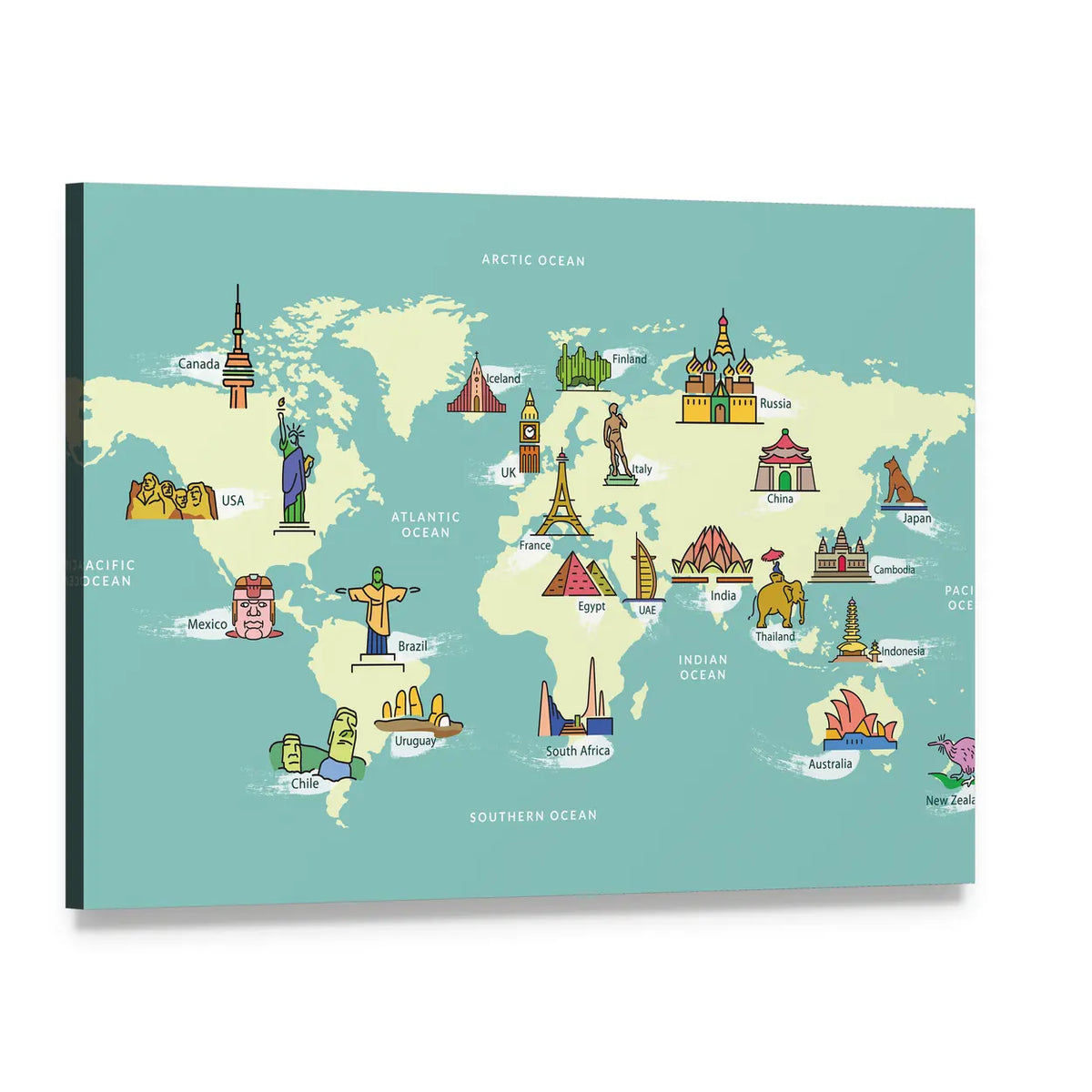 Illustrated World Map with Famous Landmarks Canvas Wall Art, single panel gallery wrapped canvas, angled product view