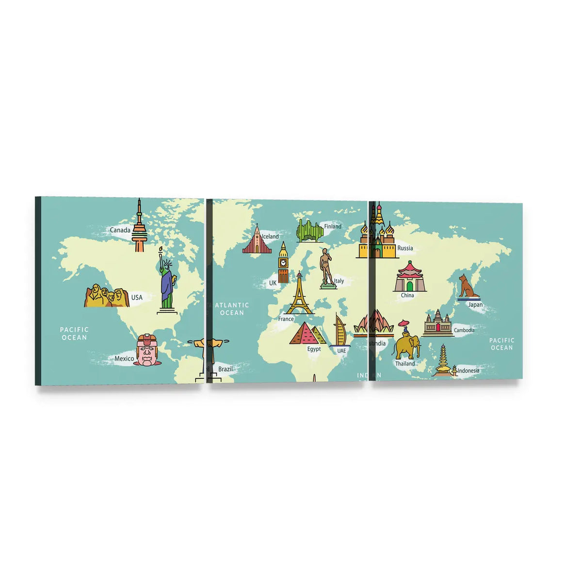 World Map with Famous Landmarks Panoramic Canvas Wall Art, 3 panel 3 Piece layout gallery wrapped canvas set, angled product view