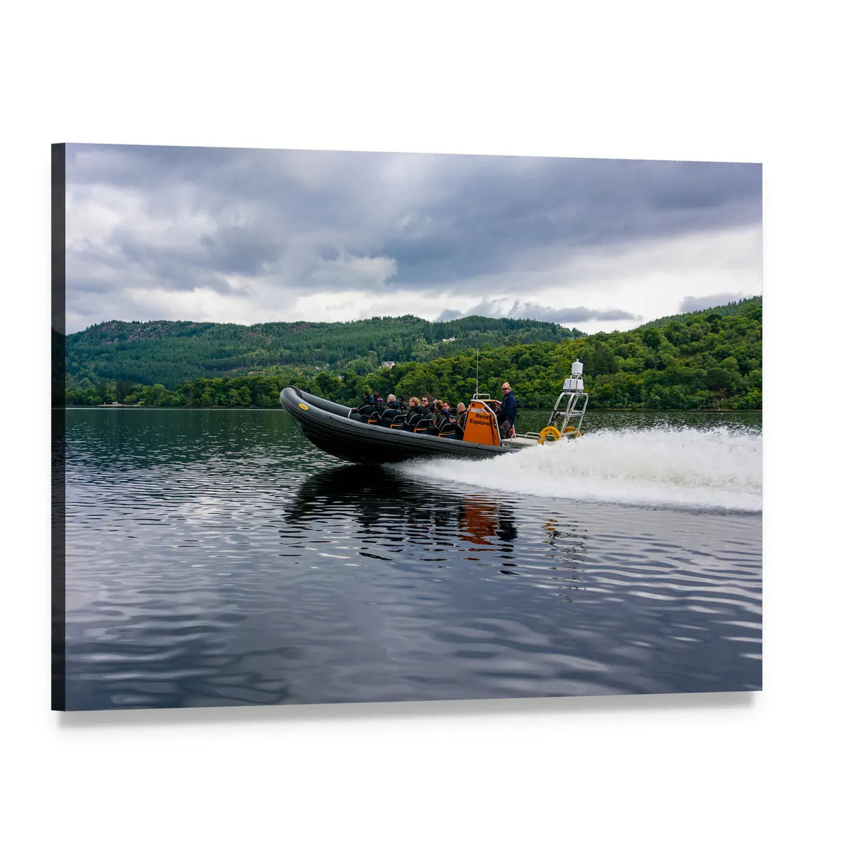 Tourists Speedboating on Loch Ness Canvas Wall Art, single panel gallery wrapped canvas, angled product view