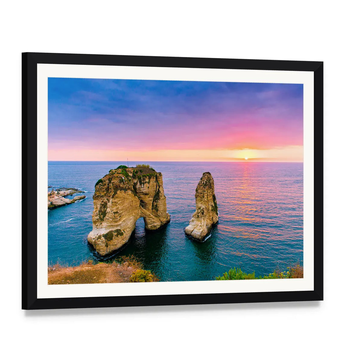 Pigeons on Coastal Rock at Sunset Canvas Wall Art, framed print with white mat and black frame, angled product view