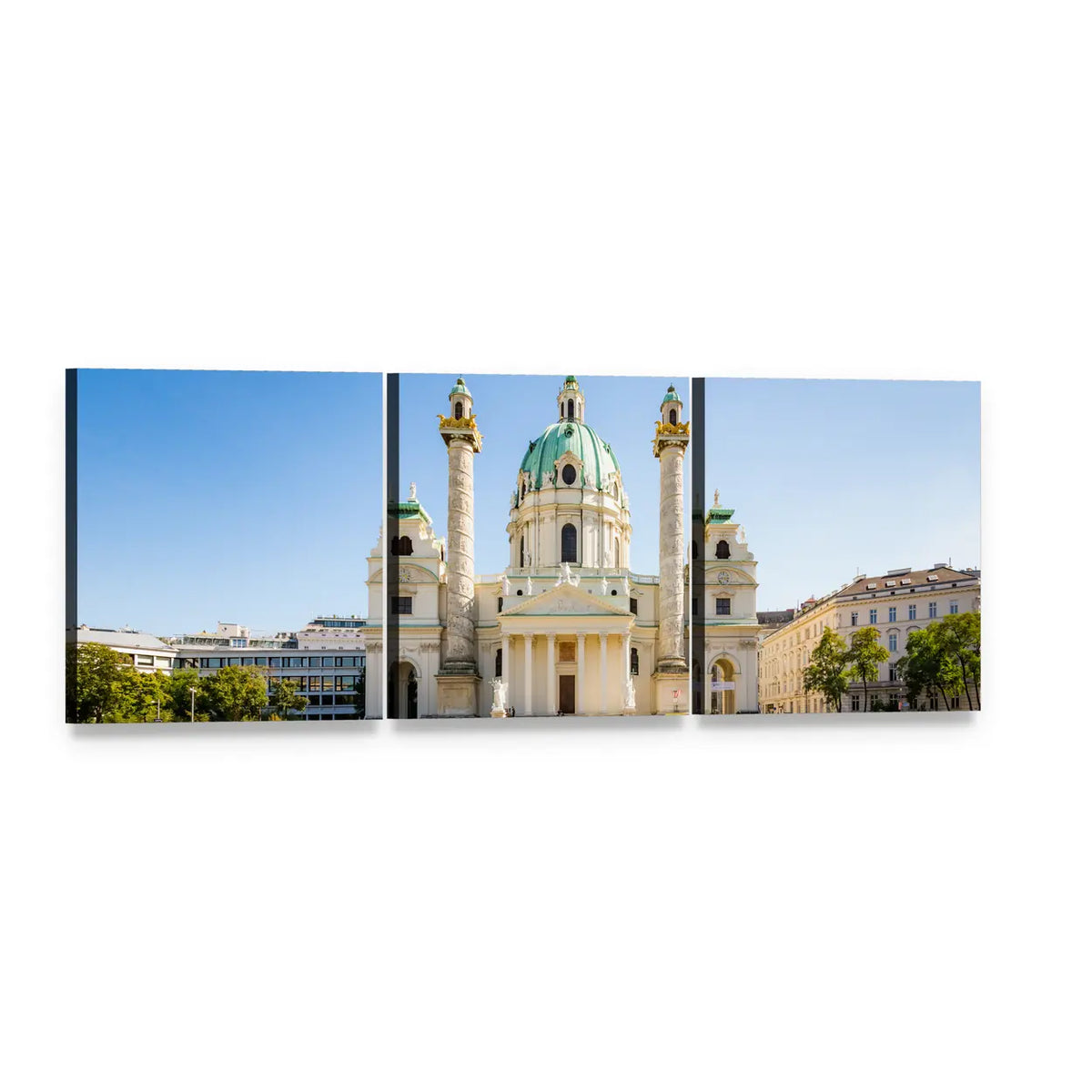 Karlskirche Baroque Church, Vienna Panoramic Canvas Wall Art, 3 panel 3 Piece layout gallery wrapped canvas set, angled product view