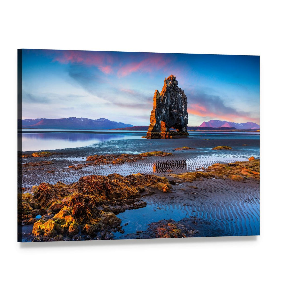 Basalt Sea Stack at Sunset Canvas Wall Art, single panel gallery wrapped canvas, angled product view