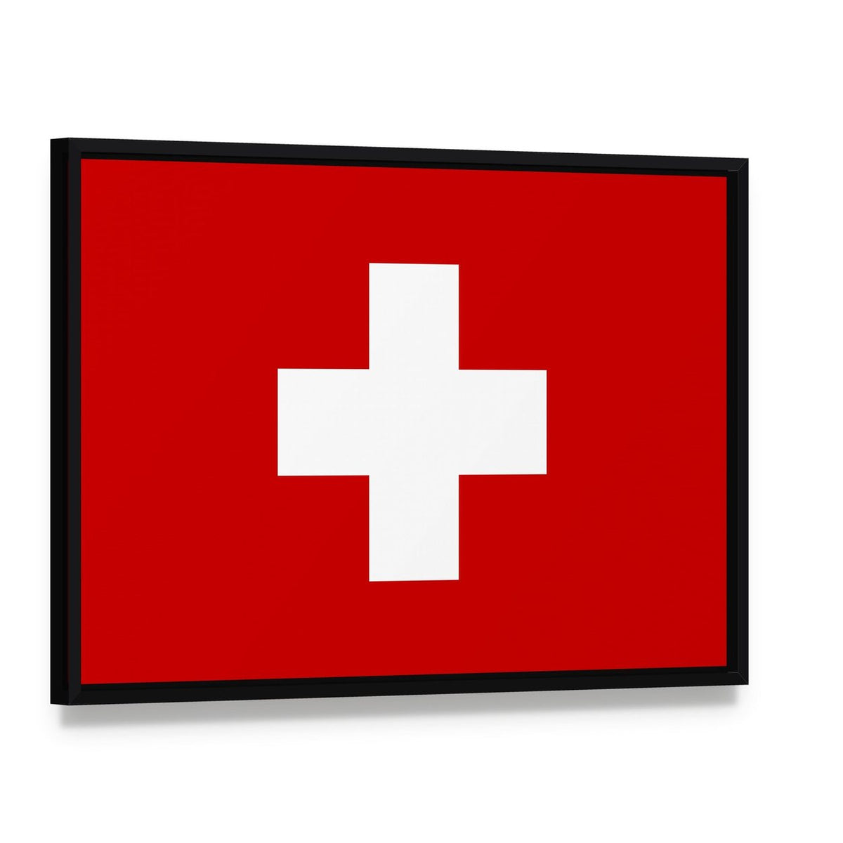 Swiss Flag with White Cross Canvas Wall Art, framed canvas in a black floater frame, angled product view