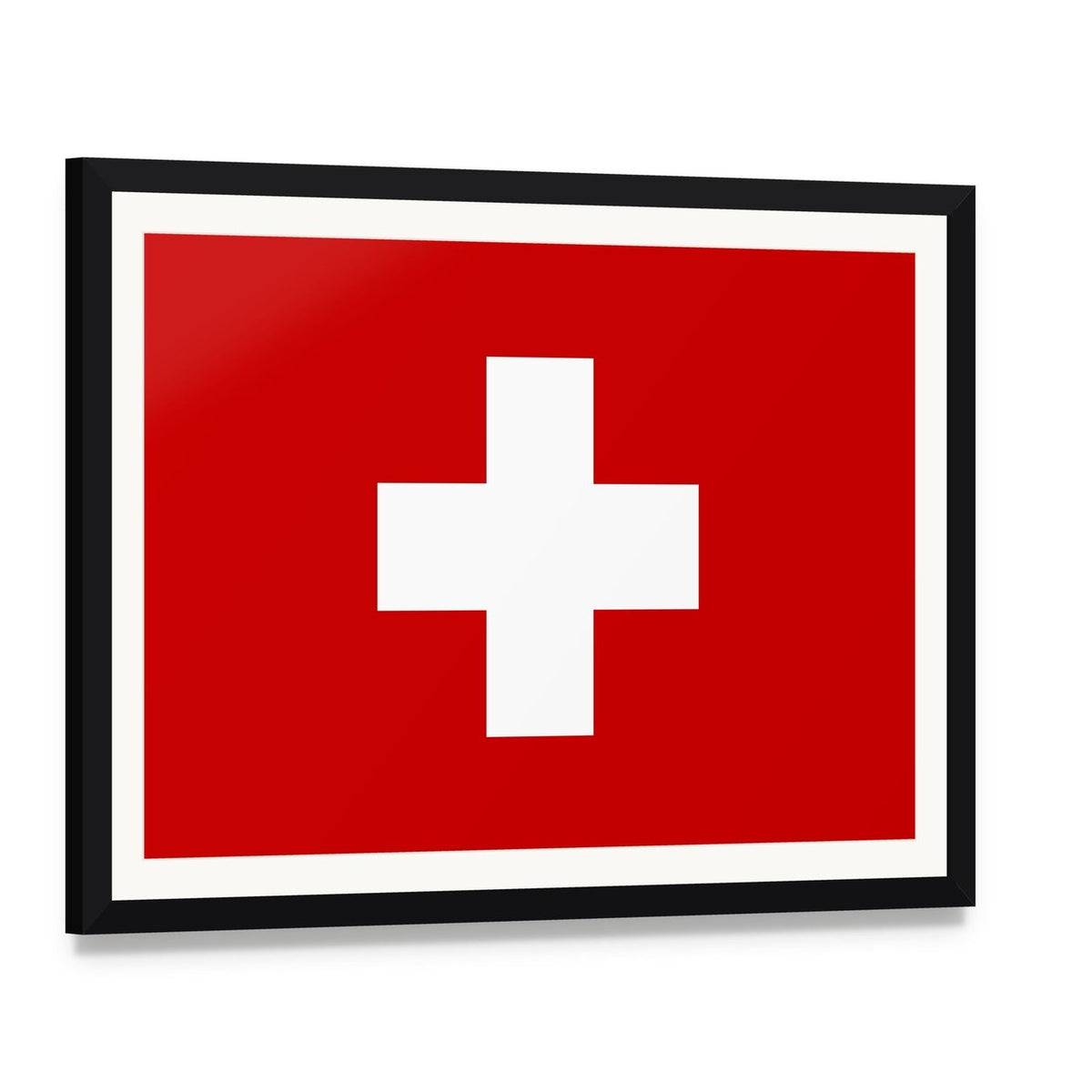 Swiss Flag with White Cross Canvas Wall Art, framed print with white mat and black frame, angled product view