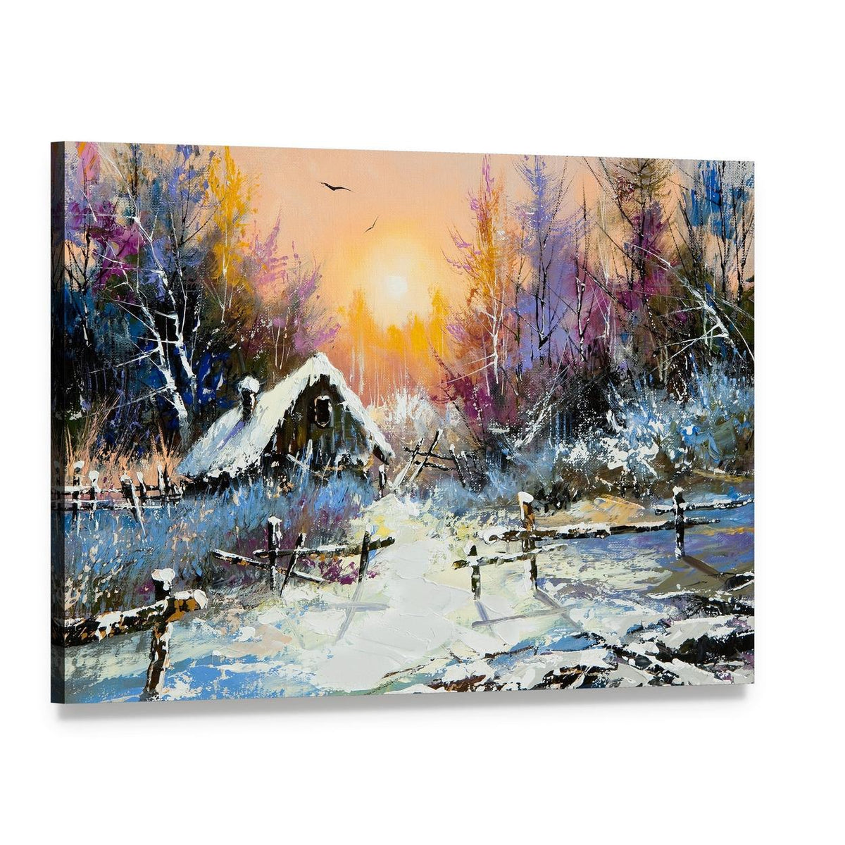 Winter Cabin at Sunset Canvas Wall Art, single panel gallery wrapped canvas, angled product view