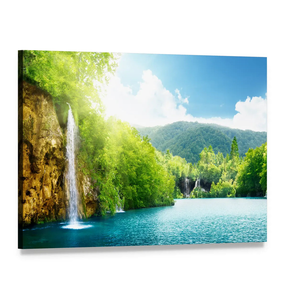 Waterfalls Over Pristine Blue Lake Canvas Wall Art, single panel gallery wrapped canvas, angled product view